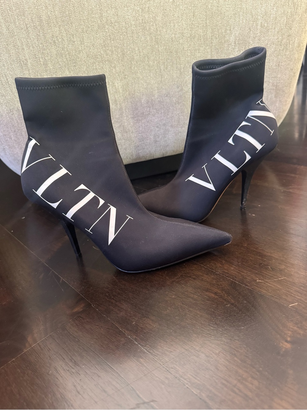 Valentino Garavani Black Sock Ankle Boots with White VLTN Logo